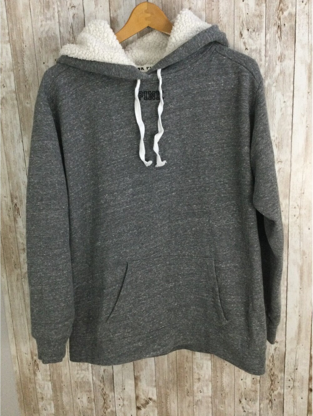 Victoria's Secret PINK Grey Hoodie Sweatshirt Size Medium Sherpa Hood Camo Logo